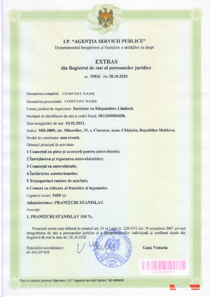 Moldavia Certificate of Incorporation